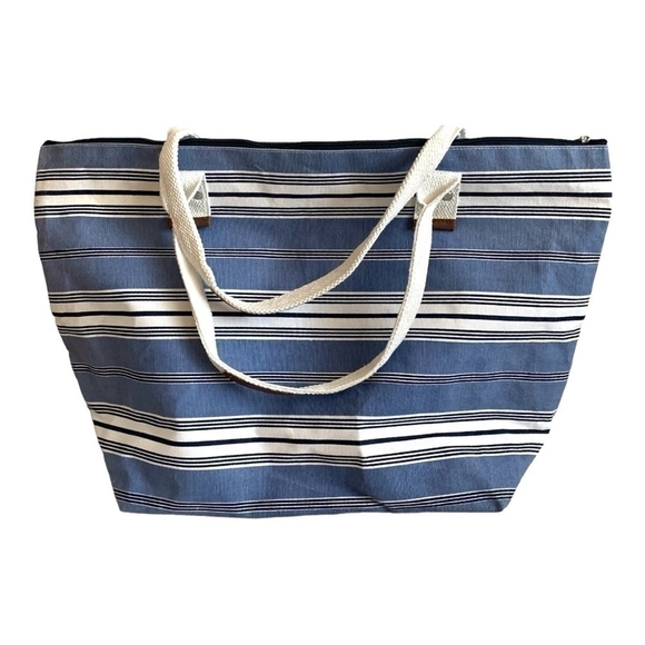 Shopping BAG Blue White Striped Tote Bag Canvas Shopper Travel Bag Beach Bag - Picture 2 of 7